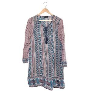 Tolani 100% Silk Swim Coverup Tunic Top Large Boho Floral Geometric Artsy Resort